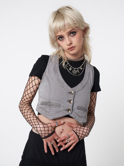 Liv Washed Grey Denim Y2k Waistcoat - Minga London