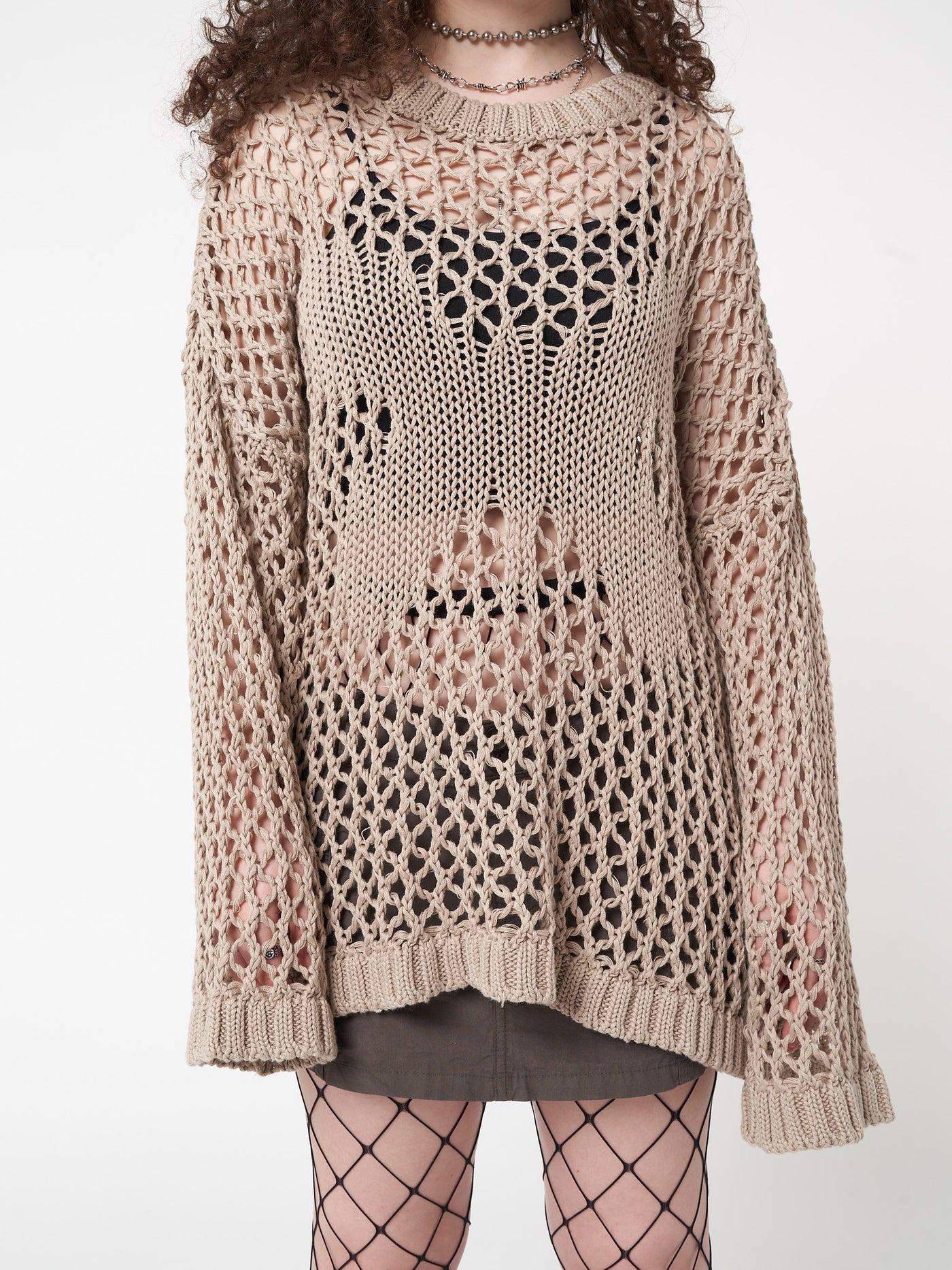 Open knit jumper in beige with butterfly front design and crochet net style