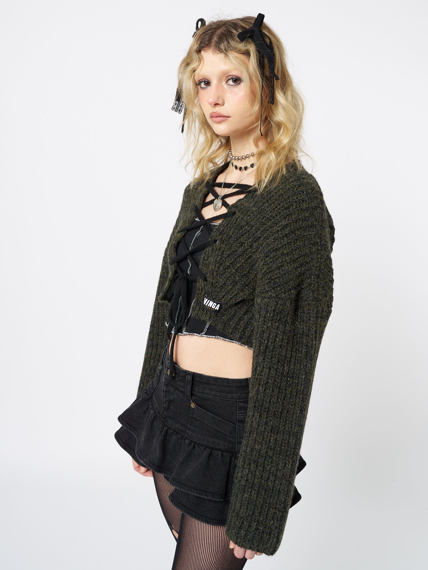 Arabella Green Knitted Lace Up Cardigan - Minga London