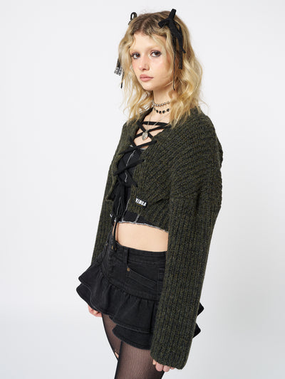 Arabella Green Knitted Lace Up Cardigan - Minga London