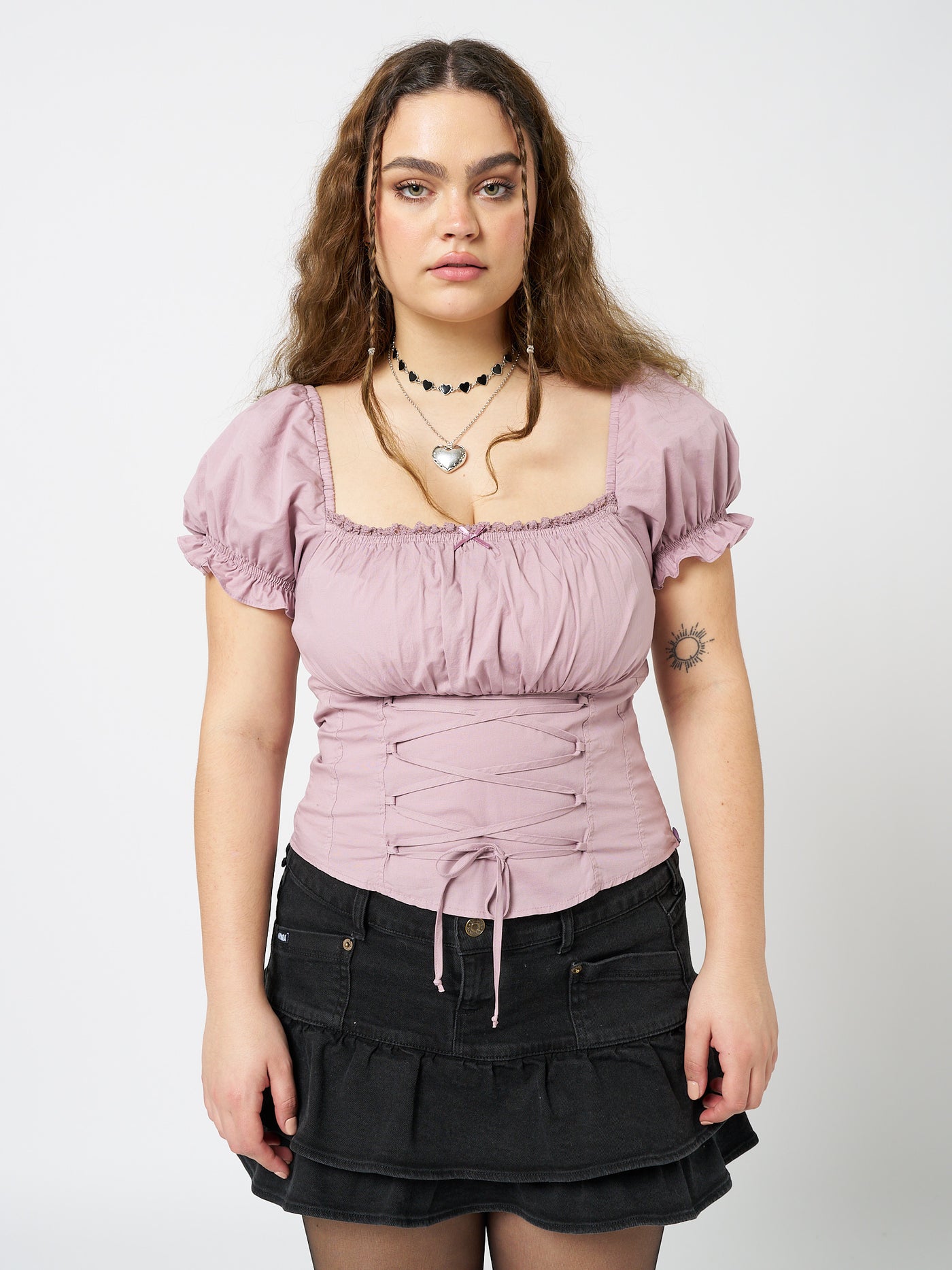 Aurora Mauve Milkmaid Lace Up Top - Minga London