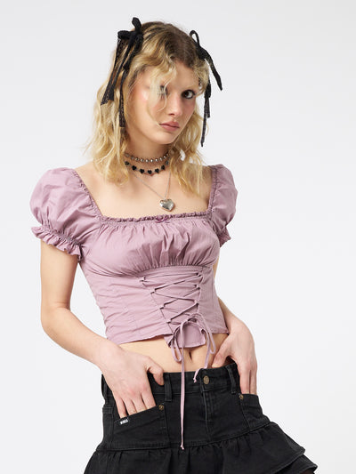 Aurora Mauve Milkmaid Lace Up Top - Minga London