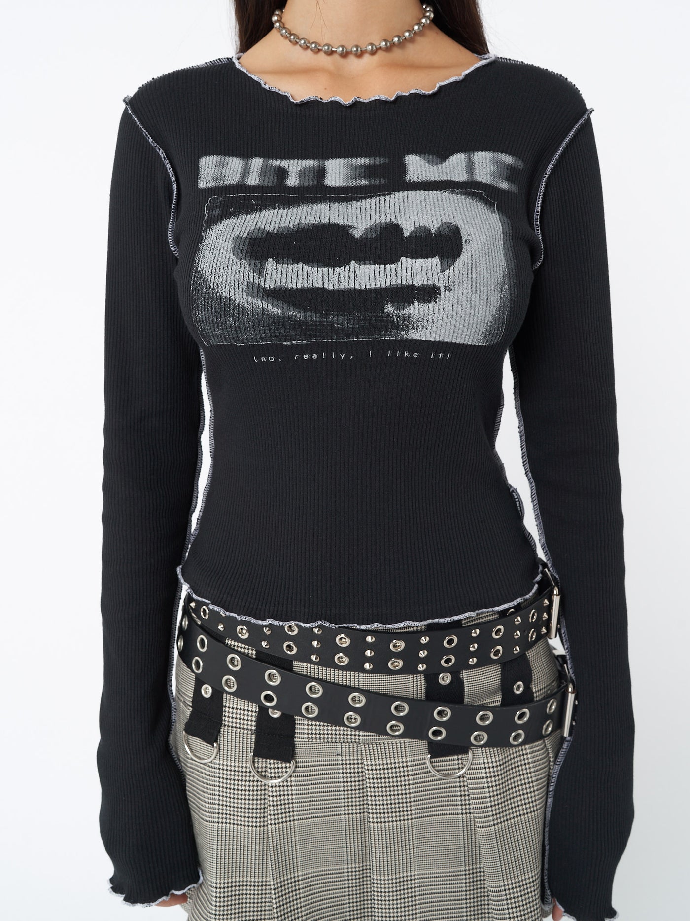 Graphic rib top in black with Bite Me graphic screen print and contrast stitching in white