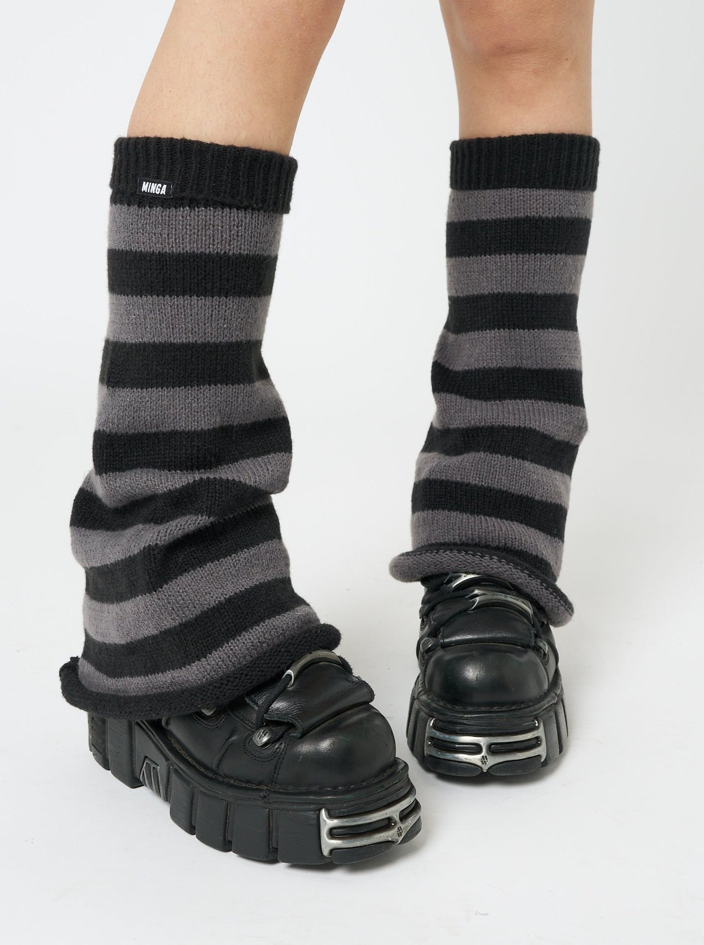 Black & Grey Striped Flare Leg Warmers - Minga London