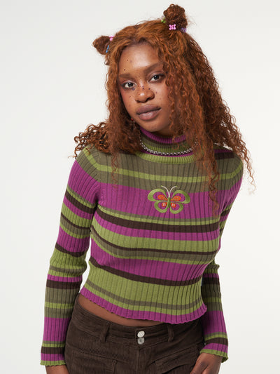 Butterfly Orchid Striped High Neck Ribbed Top - Minga London