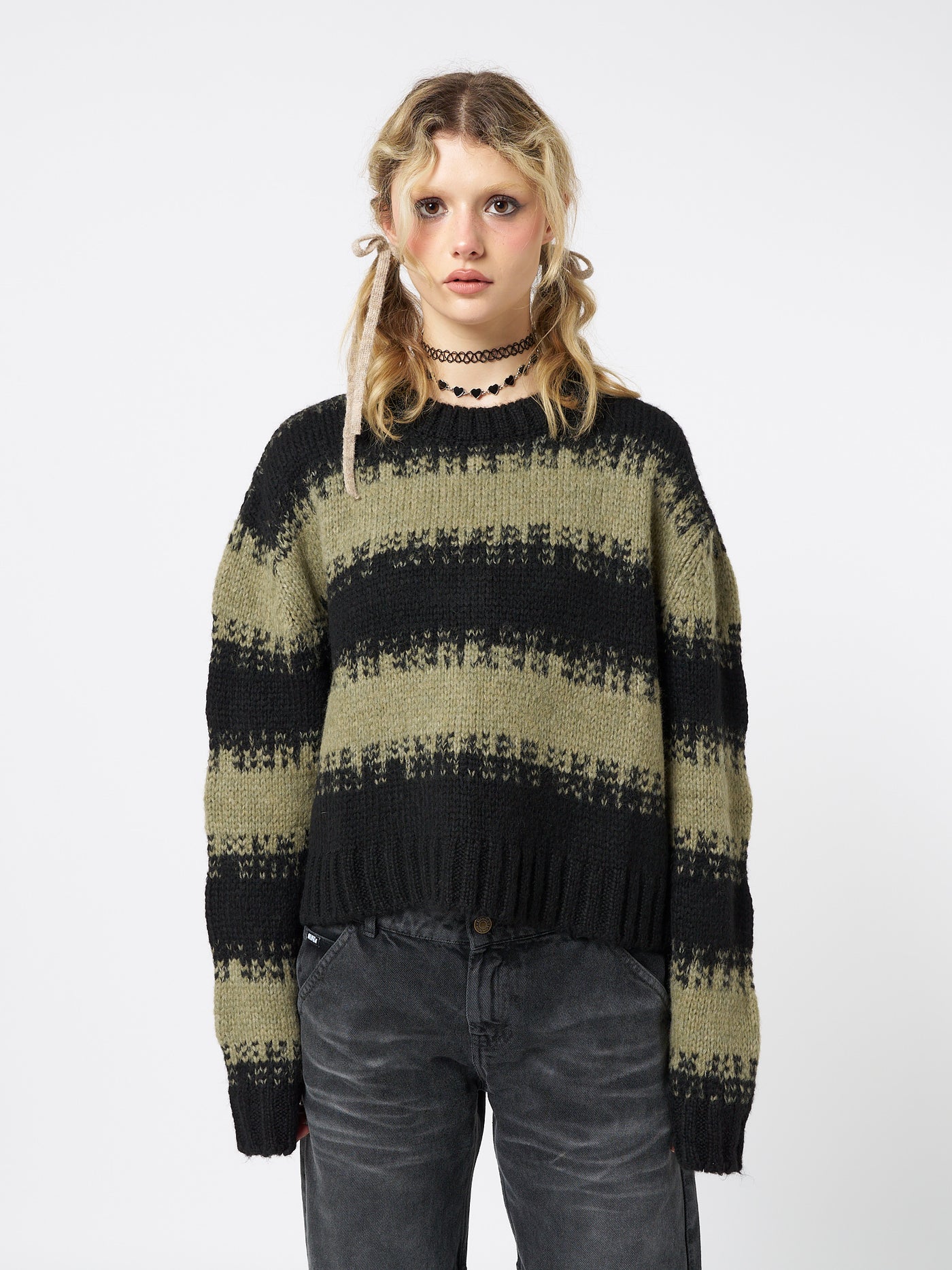 Clara Green Cropped Striped Knit Sweater - Minga London