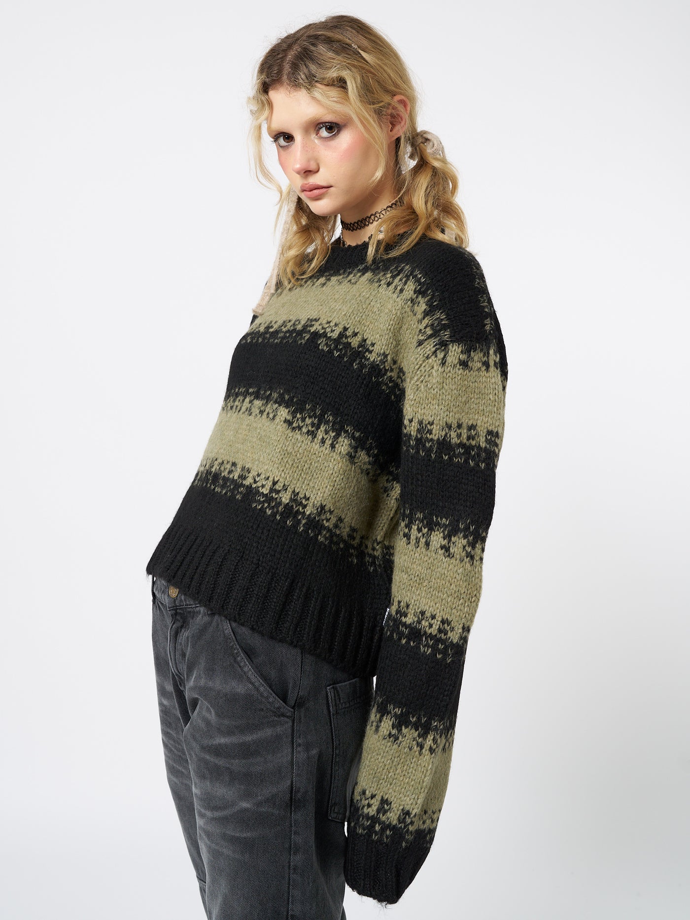Clara Green Cropped Striped Knit Sweater - Minga London