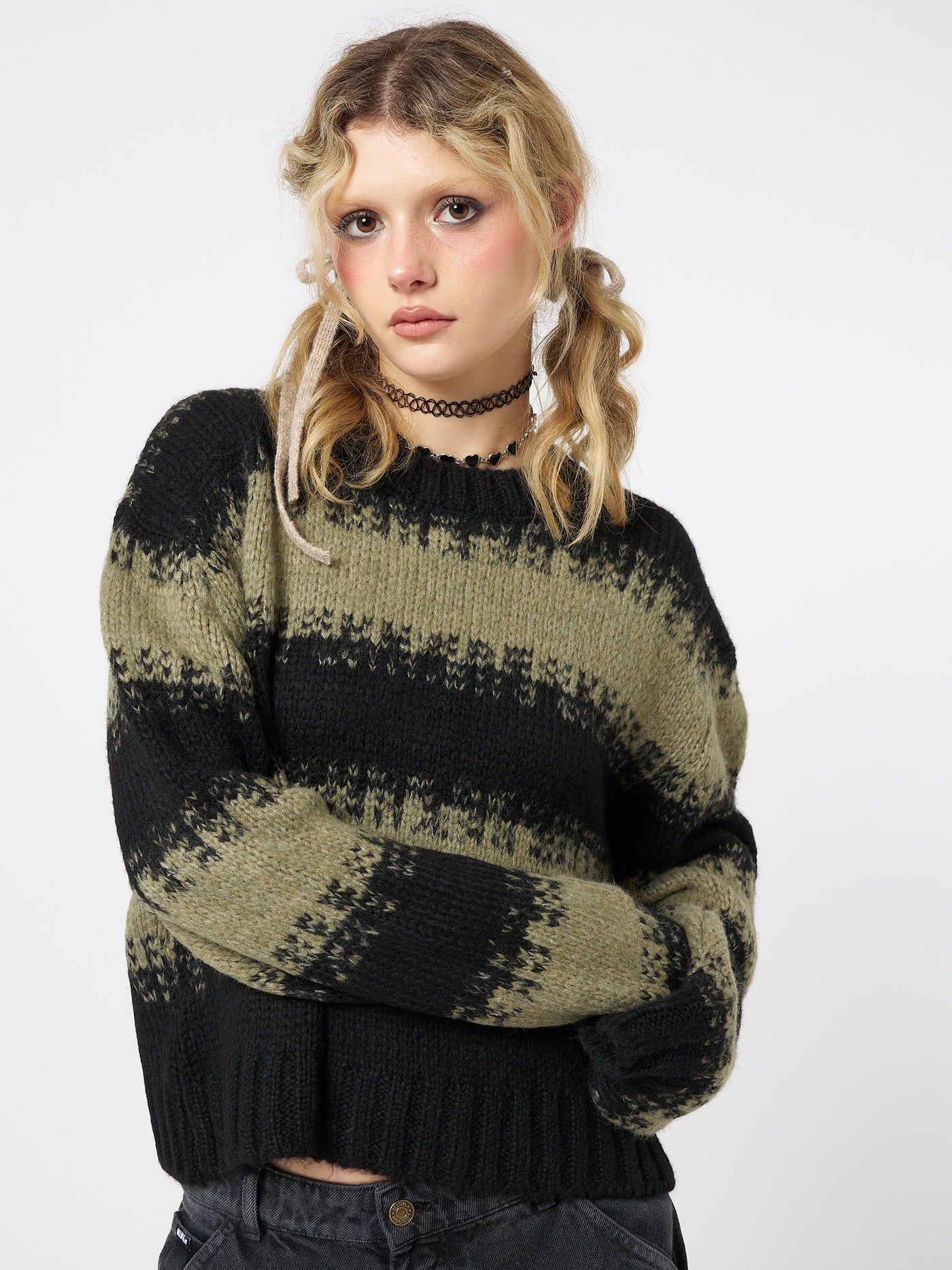 Clara Green Cropped Striped Knit Sweater - Minga London