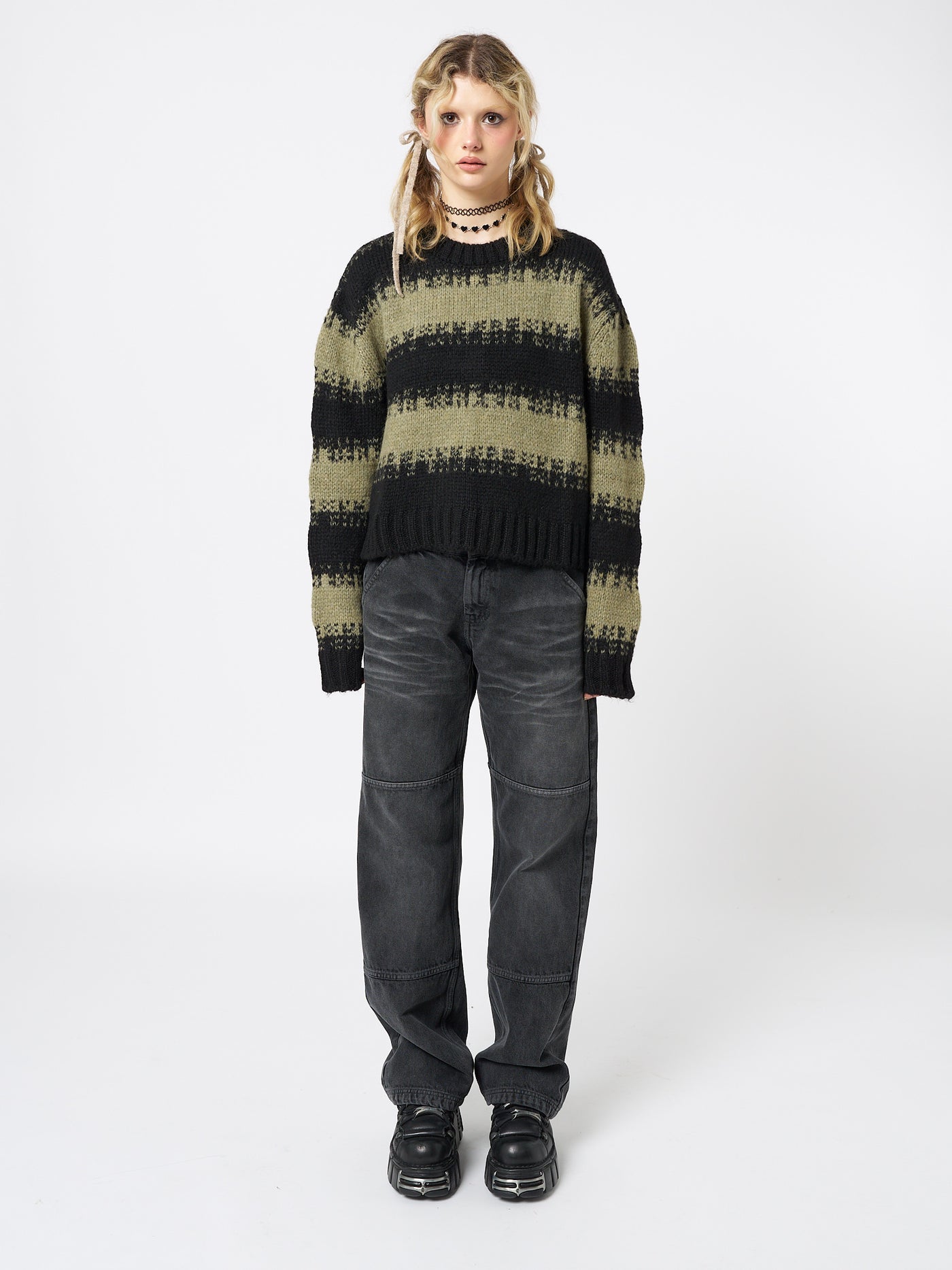Clara Green Cropped Striped Knit Sweater - Minga London