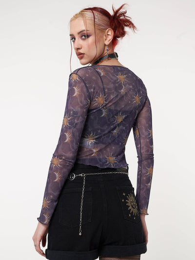 Printed mesh crop top in purple with all over Sun and Moon print 