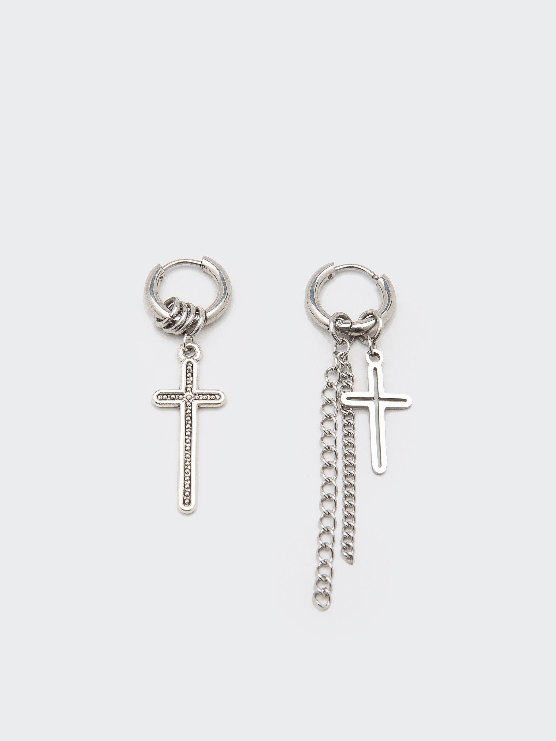 Silver drop earrings with cross, hoops and chain pendants