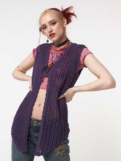 Tie front vest cardigan in purple featuring crochet style knit pattern