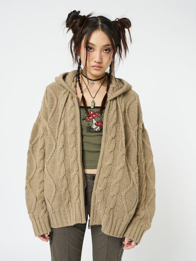Eli Beige Zip Up Cable Knit Cardigan - Minga London
