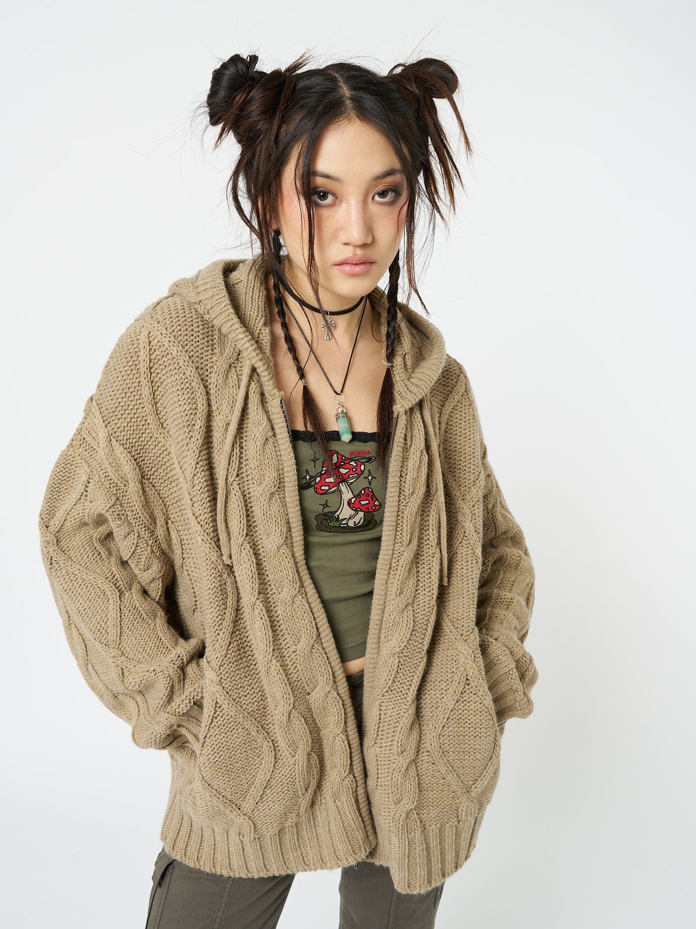 Oversized Brown Cable Knit Zip-Up Hoodie - Grunge & Retro