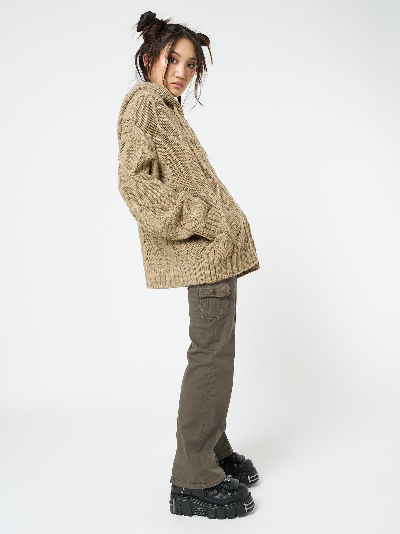 Eli Beige Zip Up Cable Knit Cardigan - Minga London