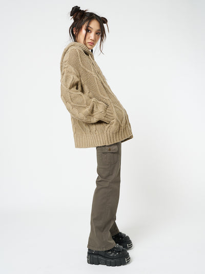 Eli Beige Zip Up Cable Knit Cardigan - Minga London