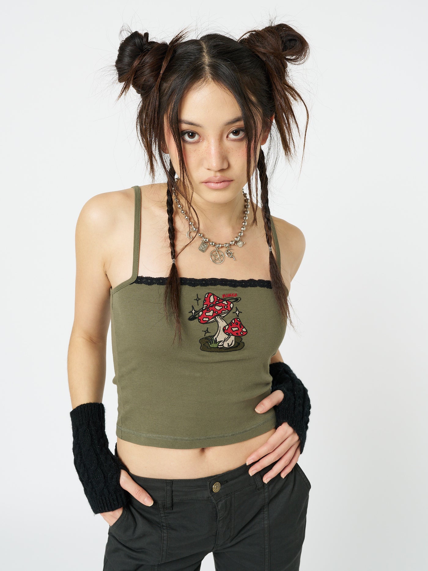 Enoki Mushroom Dark Khaki Cami Top - Minga London