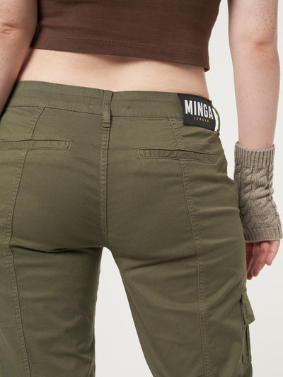 Low rise cargo pants in olive green featuring flared legs