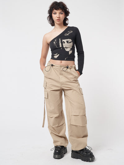 One shoulder crop top in black with contrast front graphic print 