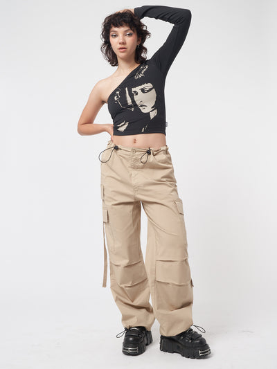 One shoulder crop top in black with contrast front graphic print 