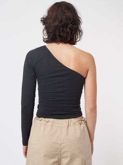 One shoulder crop top in black with contrast front graphic print 