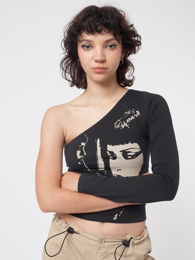 One shoulder crop top in black with contrast front graphic print 