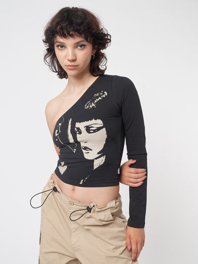 One shoulder crop top in black with contrast front graphic print 