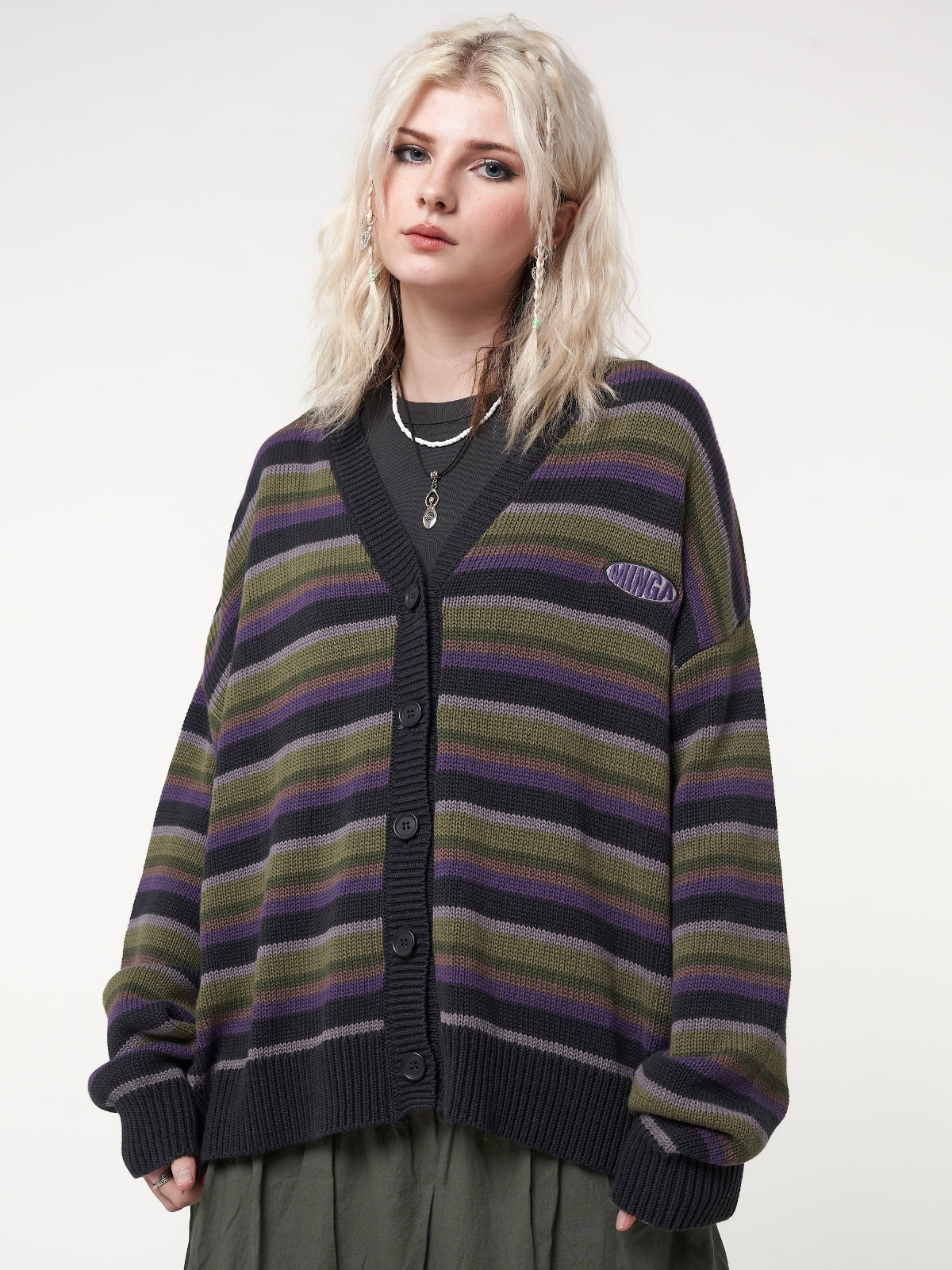 Knitted cardigan with stripes in purple, grey, green and black