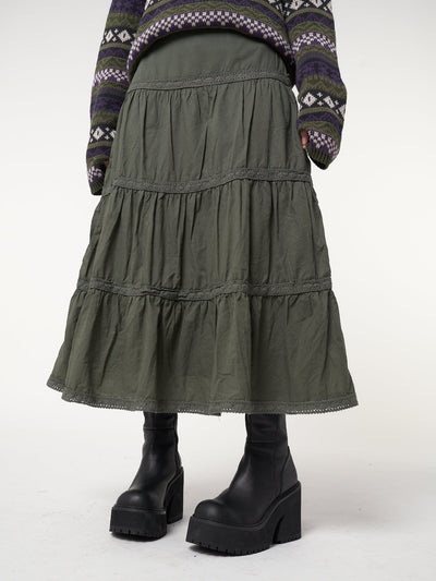 Foggy Green Ruffle Lace Maxi Skirt - Minga London