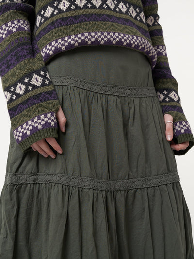 Foggy Green Ruffle Lace Maxi Skirt - Minga London