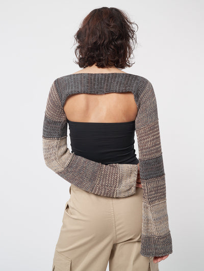 Fusion Brown Patchwork Knitted Shrug - Minga London