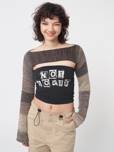 Fusion Brown Patchwork Knitted Shrug - Minga London