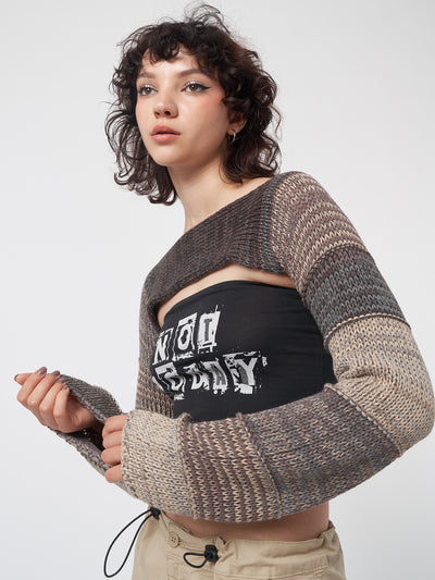 Fusion Brown Patchwork Knitted Shrug - Minga London