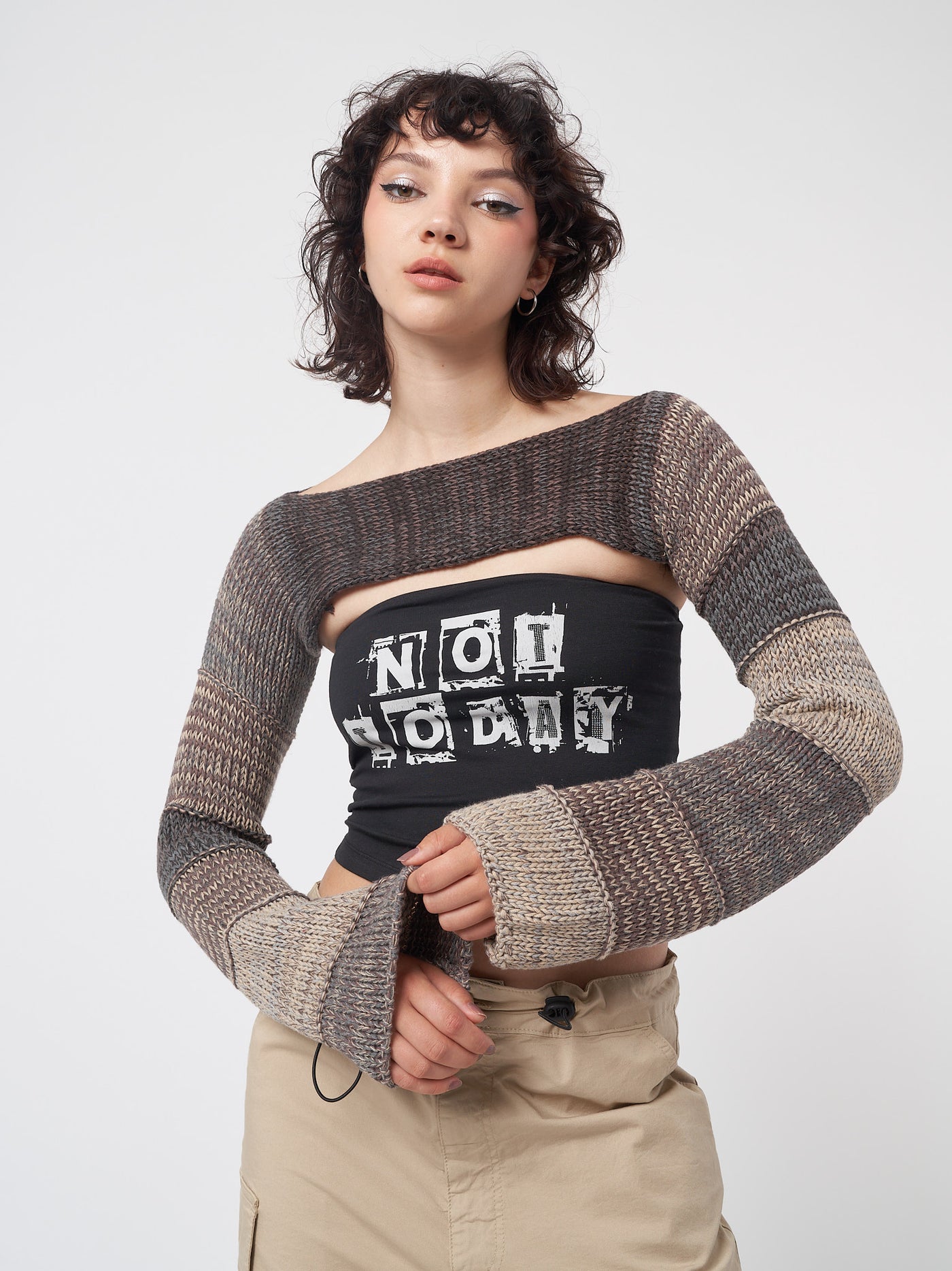 Fusion Brown Patchwork Knitted Shrug - Minga London