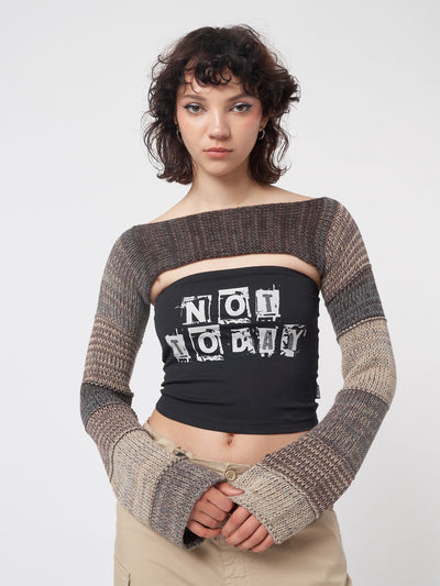 Fusion Brown Patchwork Knitted Shrug - Minga London