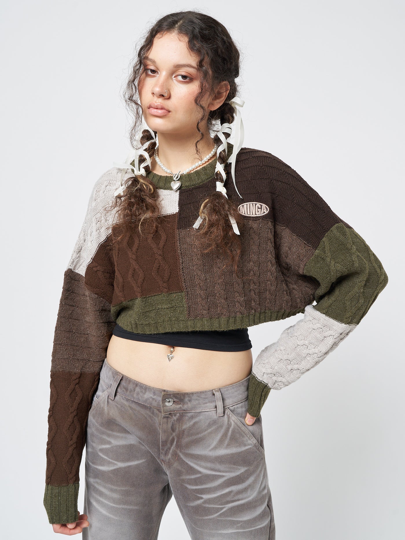 Gigi Patchwork Cable Knit Crop Jumper - Minga London