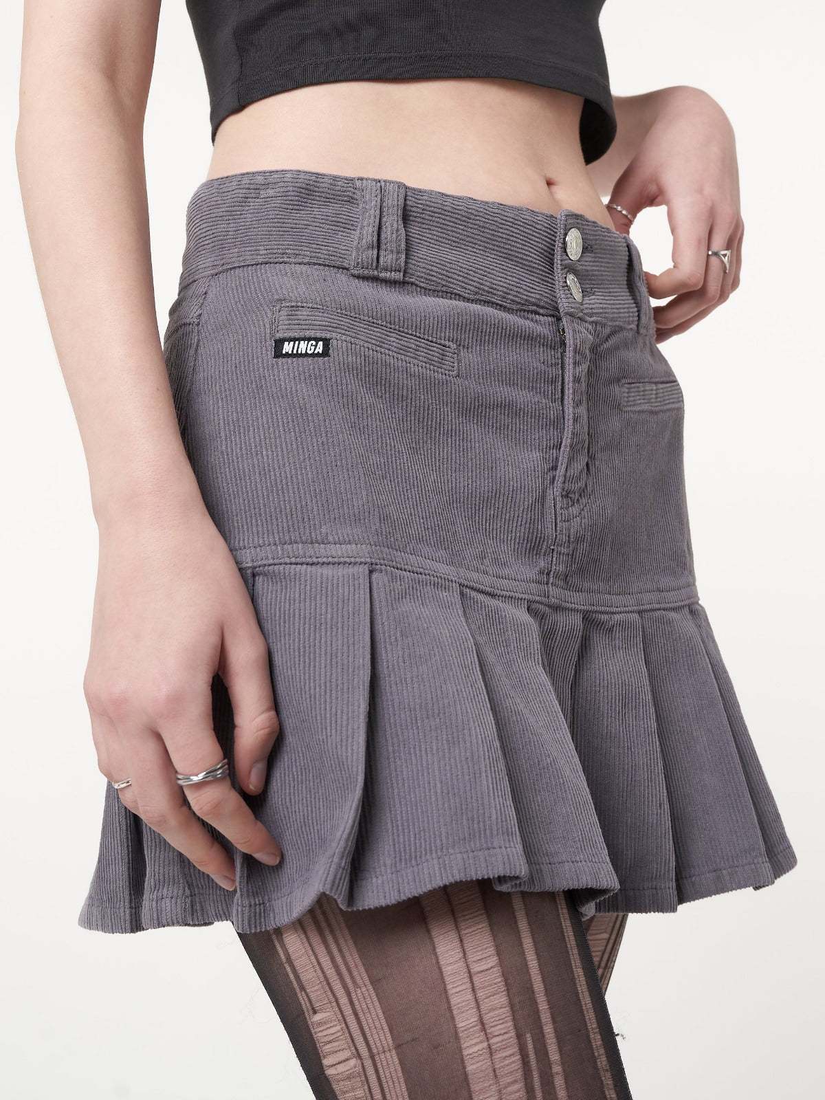 Grey Corduroy Pleated Mini Skirt - Minga London