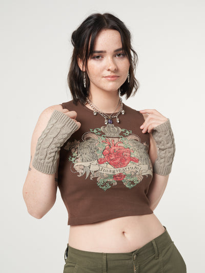 Vest top in brown with Imaginarium Heart Wings graphic front print and rhinestone diamante embellishment