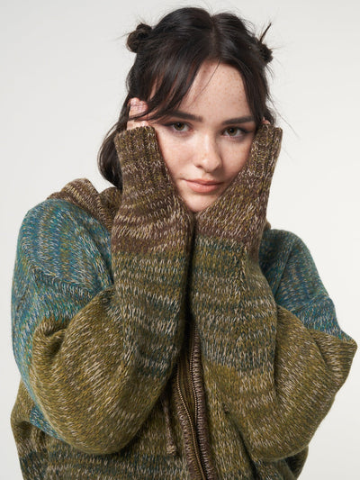 Zip up hood knitted cardigan featuring degrade striped in green, brown and blue tones