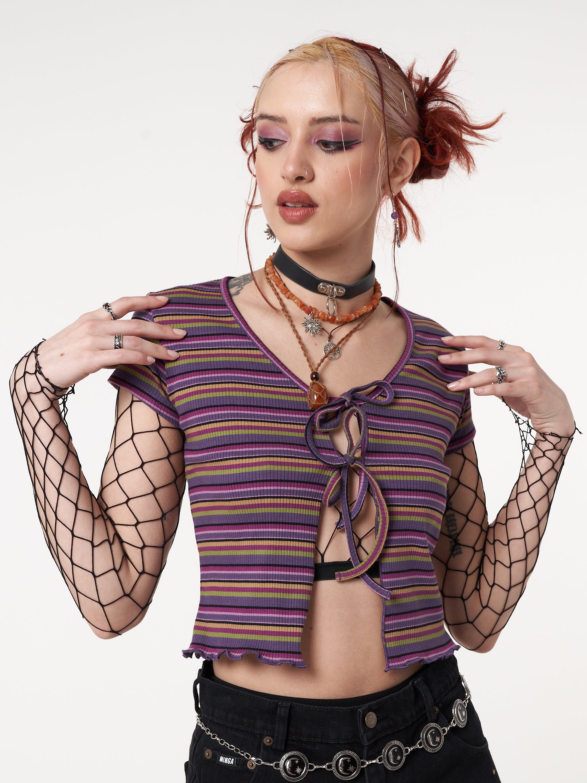 Ribbed tie front top with stripes in shades of purple and green