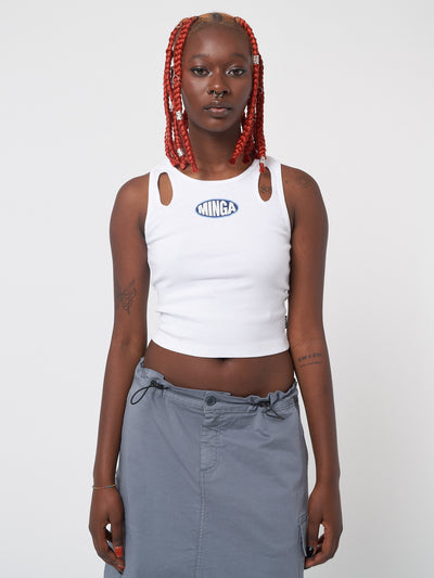 Vest top in white with cut-out front details and Minga logo front embroidery