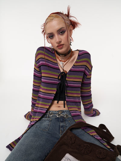 Luna Striped Tie Front Knit Cardigan - Minga London