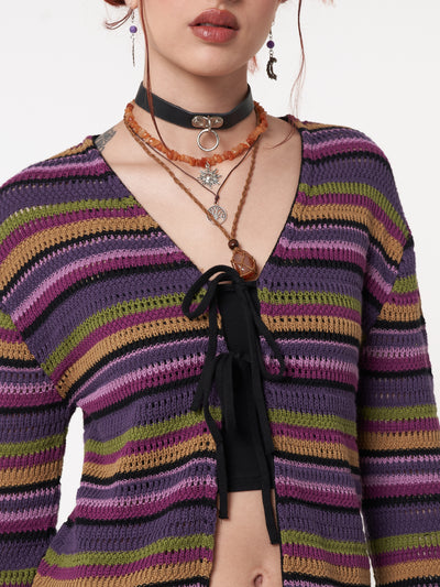Luna Striped Tie Front Knit Cardigan - Minga London
