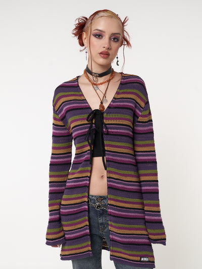 Tie front knit cardigan with stripes in shades of purple and green featuring crochet style knit pattern 