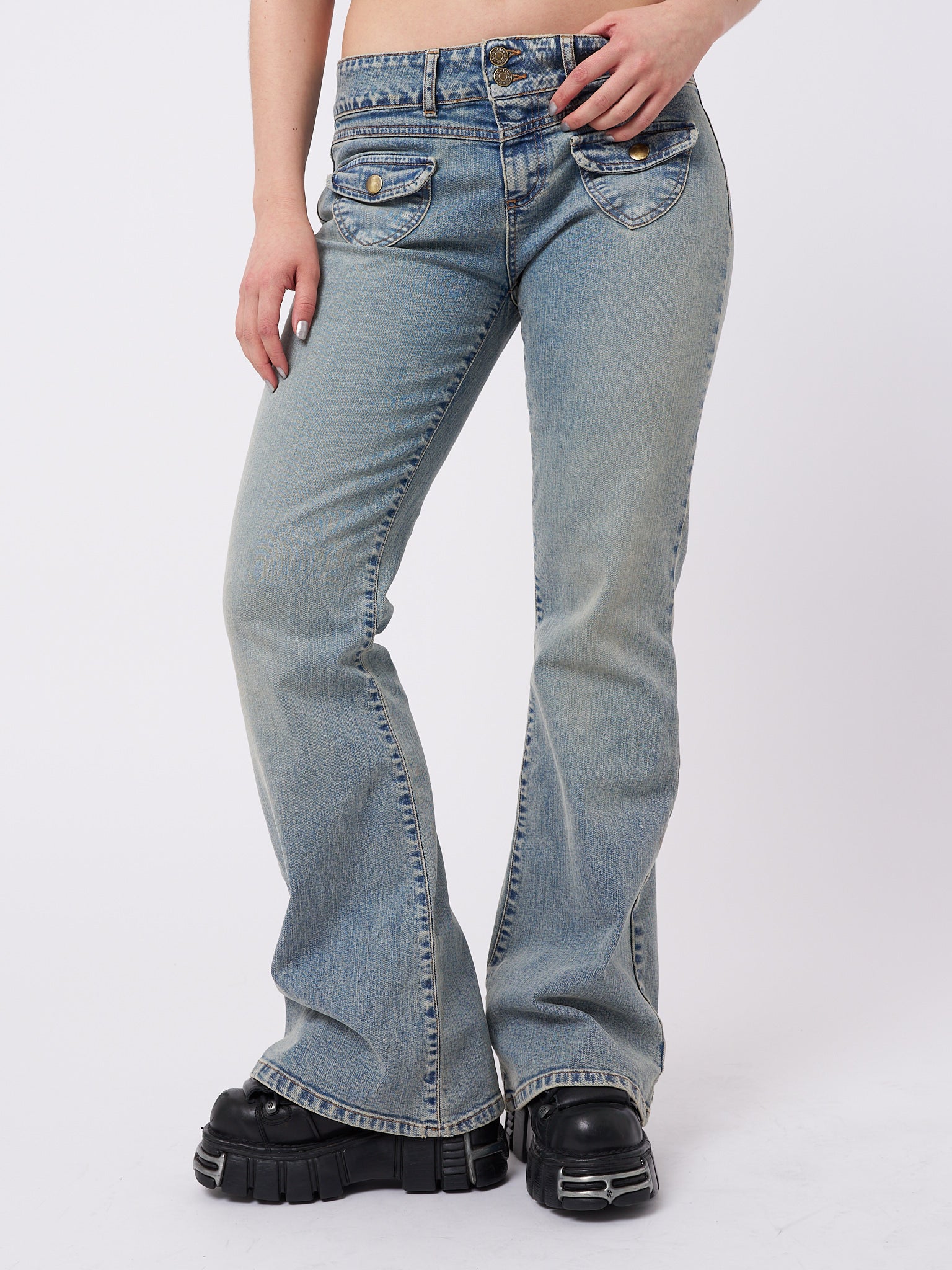 Mia Over Dye Front Pocket Flare Jeans - Minga London