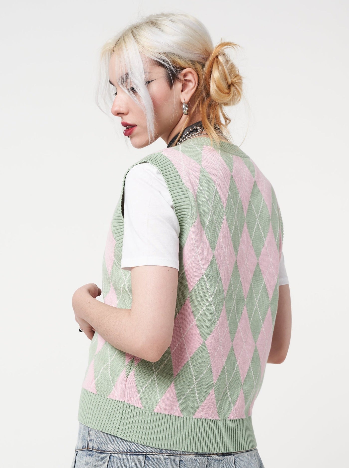 Argyle knitted sweater vest in pink and sage green 