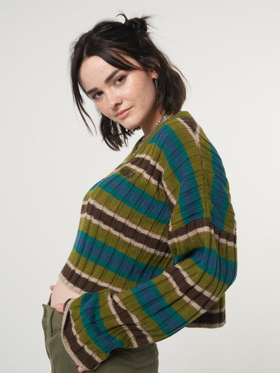 Cropped knit jumper in green, blue, brown and cream stripes with Minga embroidered logo detail 