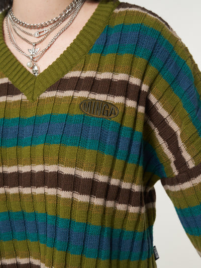 Cropped knit jumper in green, blue, brown and cream stripes with Minga embroidered logo detail 