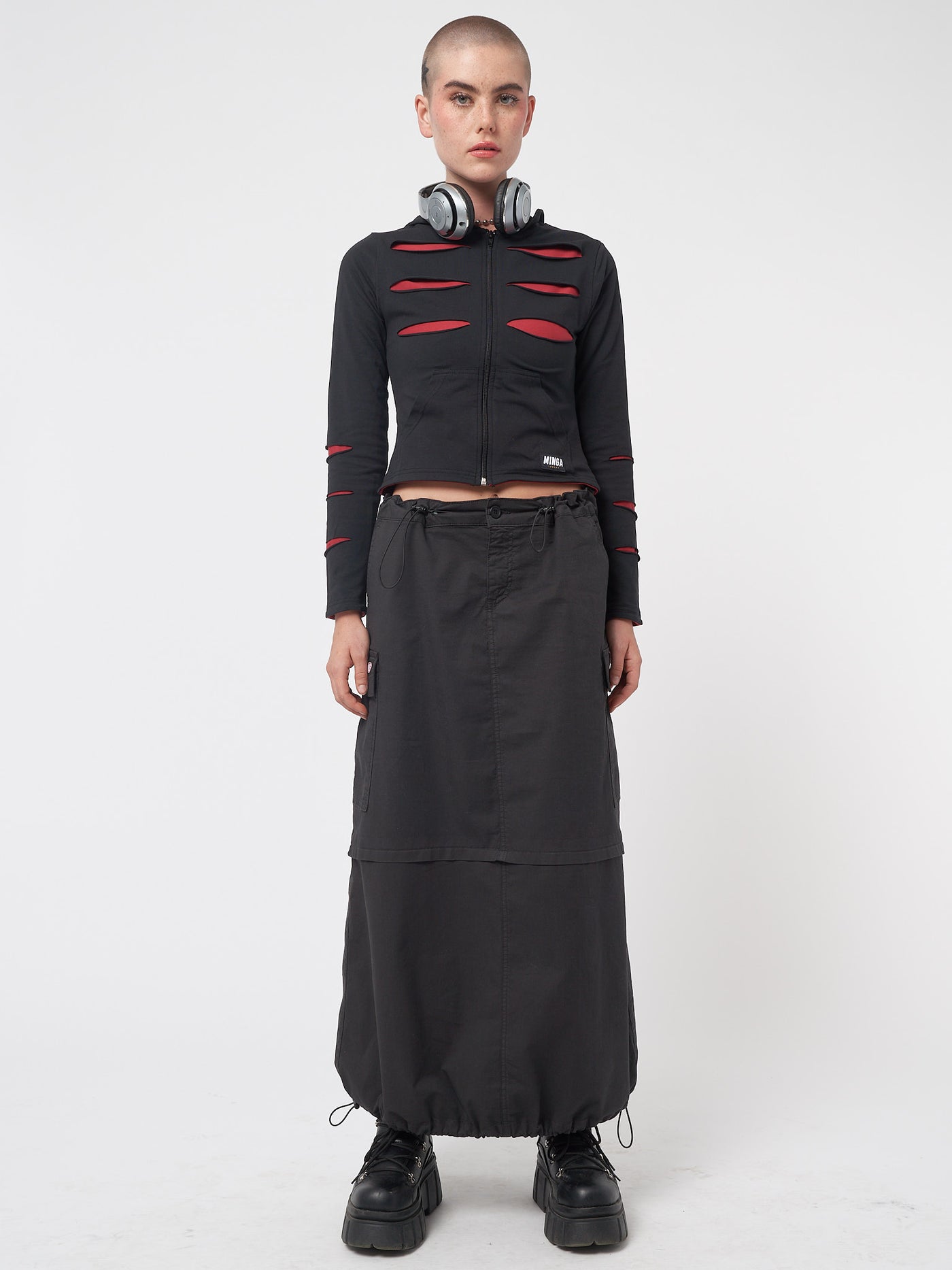 Black cargo maxi skirt in parachute style with side utility cargo pockets