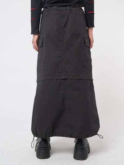 Black cargo maxi skirt in parachute style with side utility cargo pockets